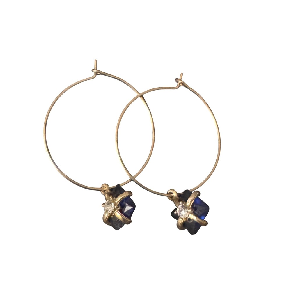 Gold Tone Blue Crystal Charm Hoop Earrings Rhinestone Accent Dangle Drop